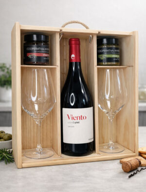 Vino tinto Viento sobre la piel en caja de madera para regalo