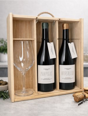 Lote de vinos Ochenta y Siete Cubos Pampolat y Morenillo con copa y caja de madera